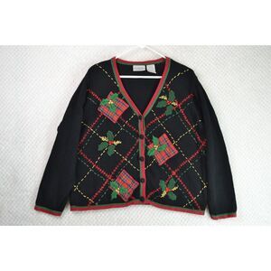 Basic Editions Holiday Women's Large Christmas Embroidered Sweater Cardigan